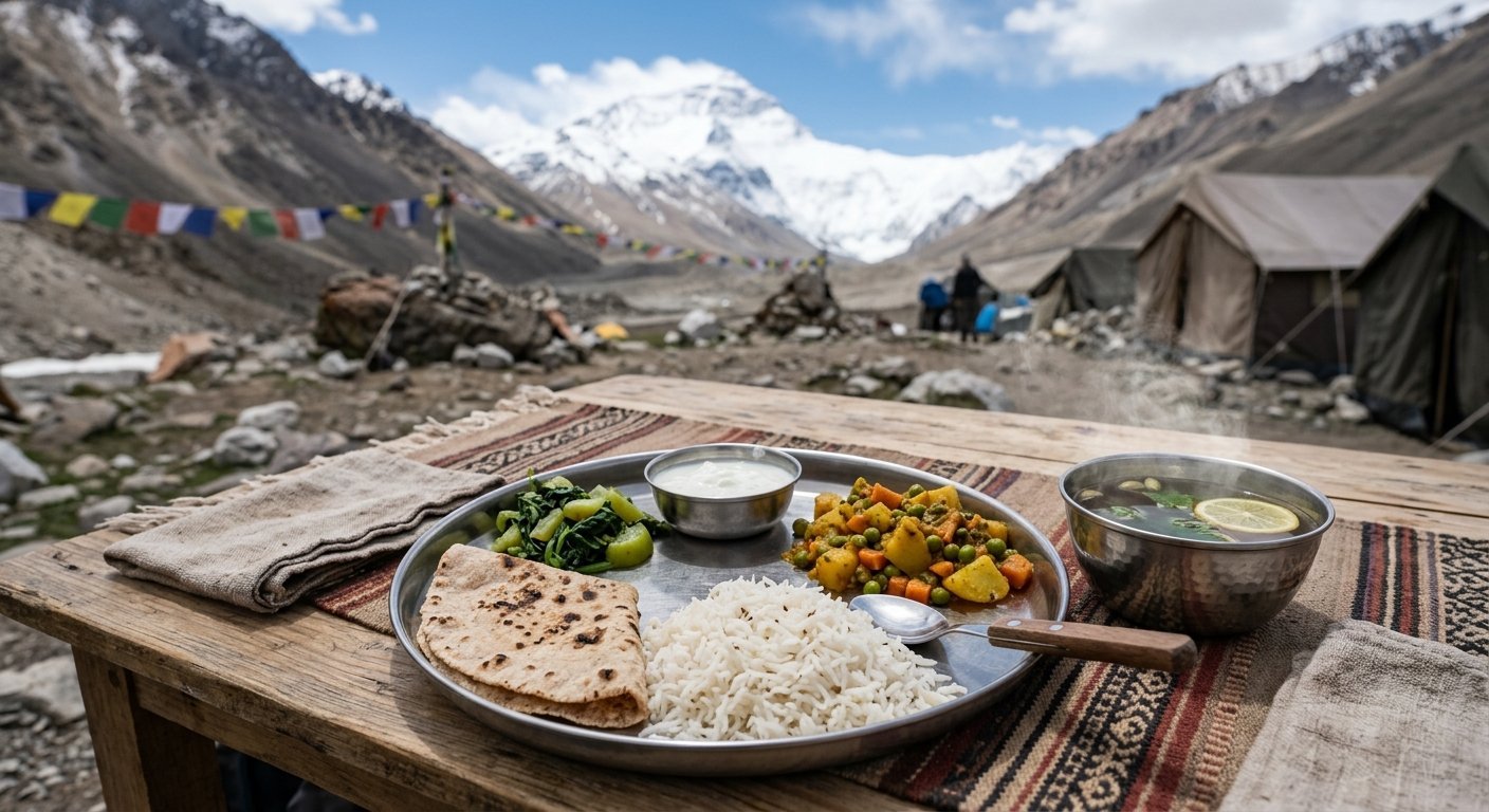 Simple Sattvic meal served at high altitude — rice, chapati, vegetables, warm herbal tea — on metal plates, camp setting