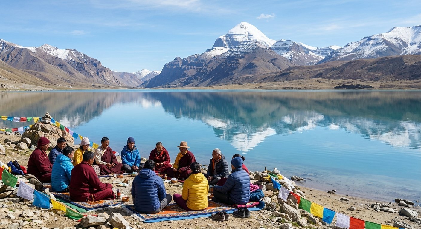 Group of pilgrims acclimatizing at Mansarovar Lake, sitting peacefully, snow-capped Kailash in distance, calm waters ref