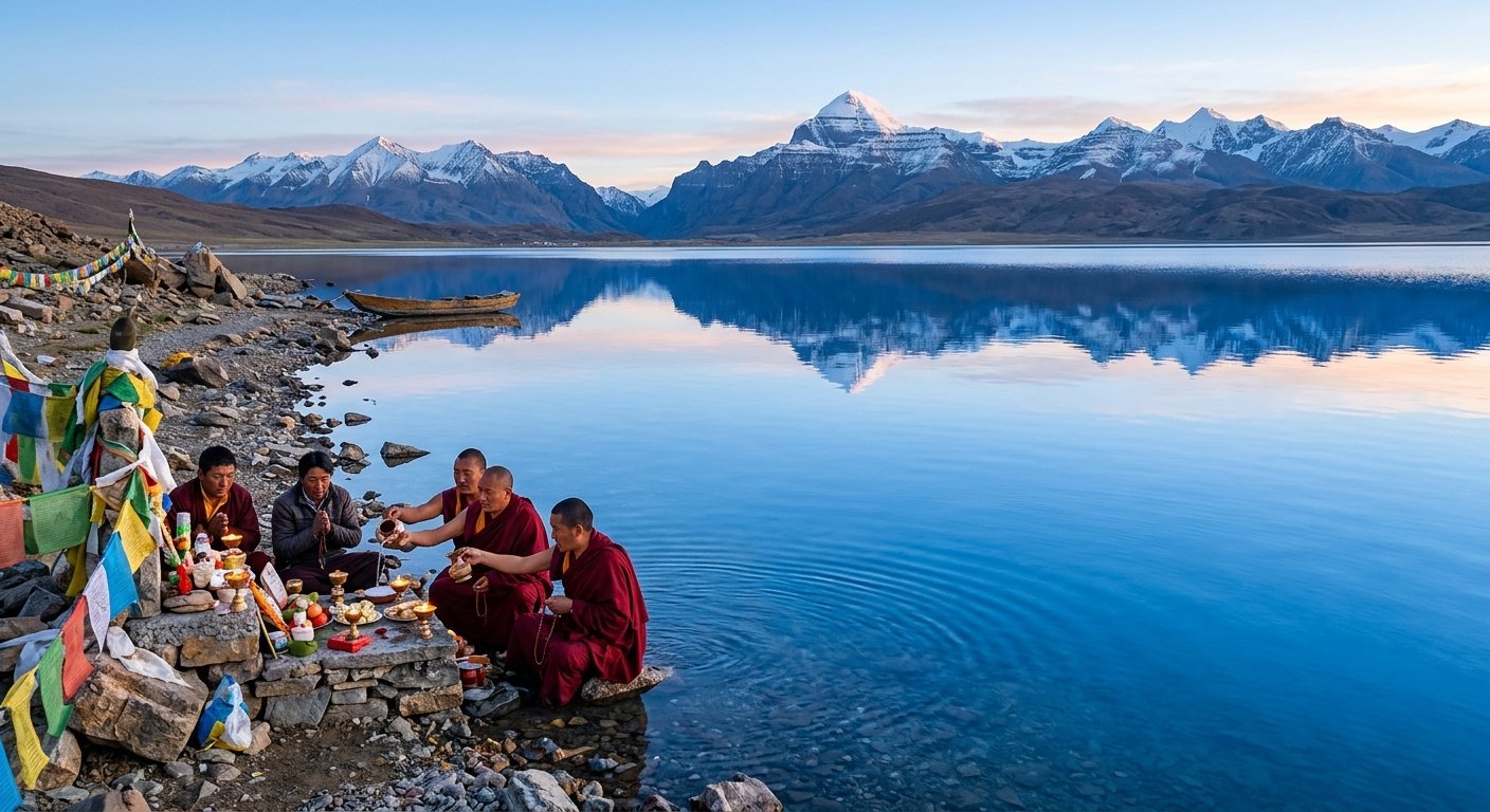 Peaceful Mansarovar Lake reflecting surrounding mountains at dawn, pilgrims performing puja at shoreline, crystal clear