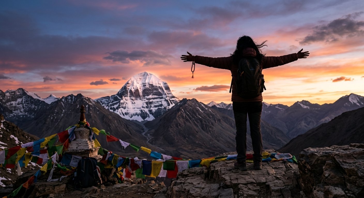 Solo female pilgrim standing at mountain viewpoint, arms open toward Kailash peak, sunset lighting, silhouette showing t