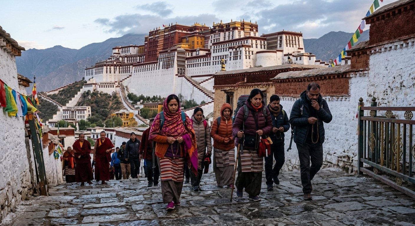 NRI pilgrims walking the stone steps to Potala Palace, early morning light, traditional Tibetan architecture, Lhasa Route