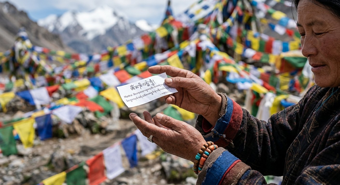 Close-up of pilgrim's hands releasing written note at Dolma La Pass, colorful prayer flags blurred background, emotional