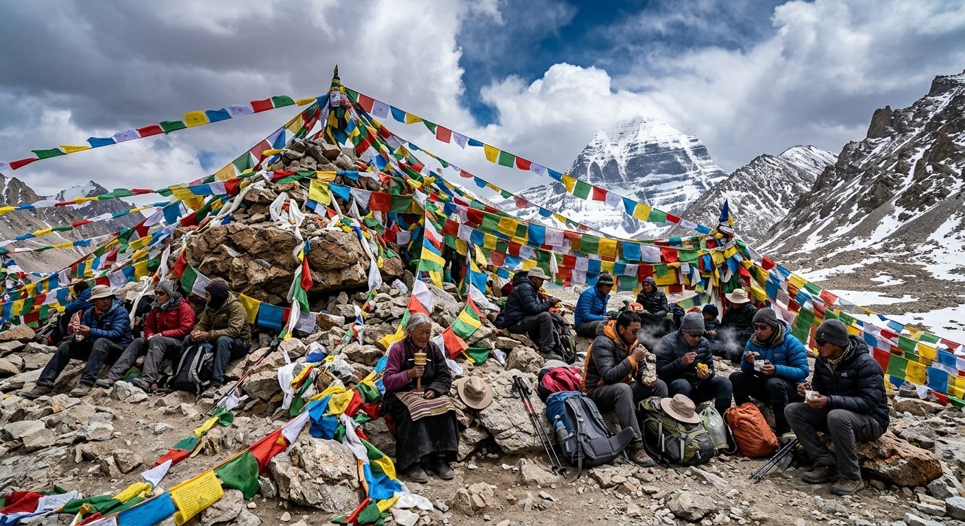 Dolma La Pass summit with colorful prayer flags strung across rocks, pilgrims resting at 18600 feet altitude, dramatic s