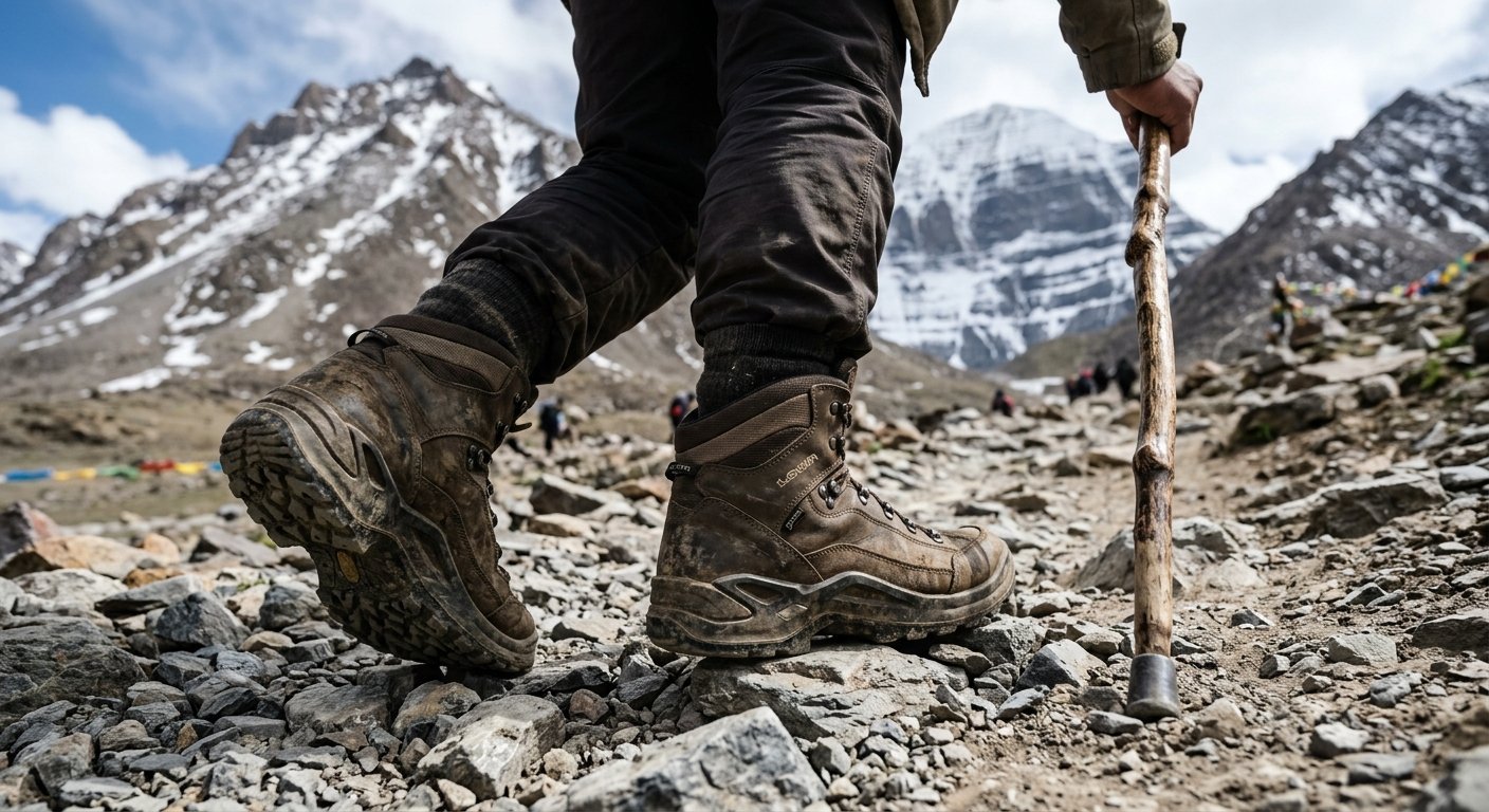 Close-up of pilgrim's trekking boots and walking stick on rocky Kailash parikrama trail, ground-level angle, rugged terr