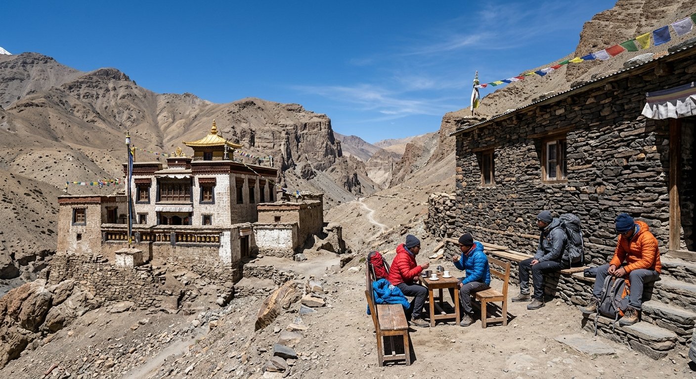 Zutulpuk Monastery exterior, stone guesthouse, trekkers resting outside, clear blue sky, barren high-altitude terrain, T
