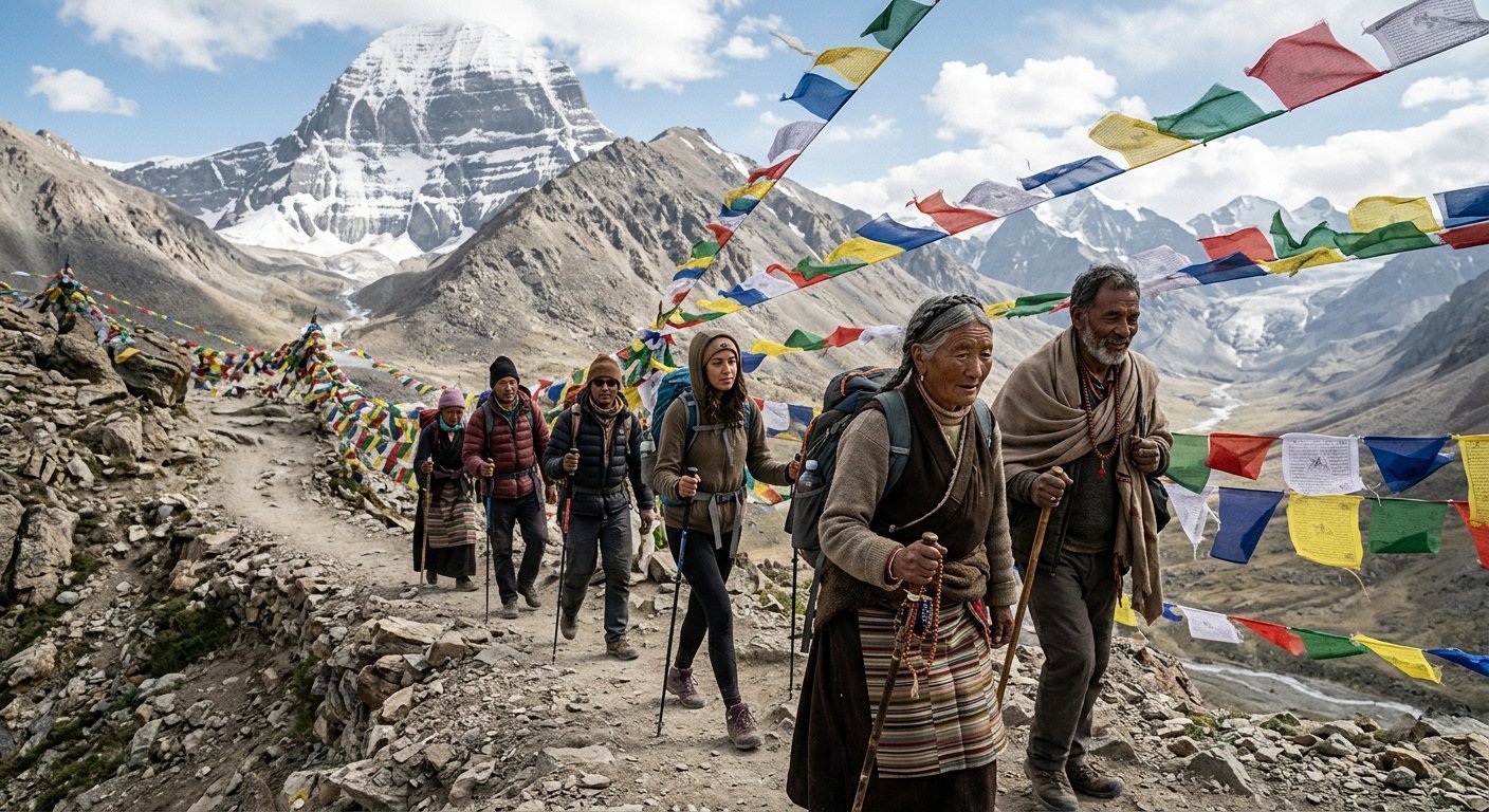 Group of diverse pilgrims during Parikrama trek, winding mountain path, prayer flags in wind, weathered faces showing de