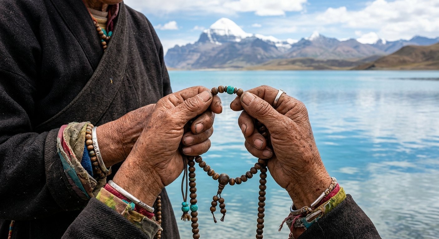 Close-up of weathered hands holding prayer beads against backdrop of Lake Mansarovar, crystal turquoise water, sacred mo