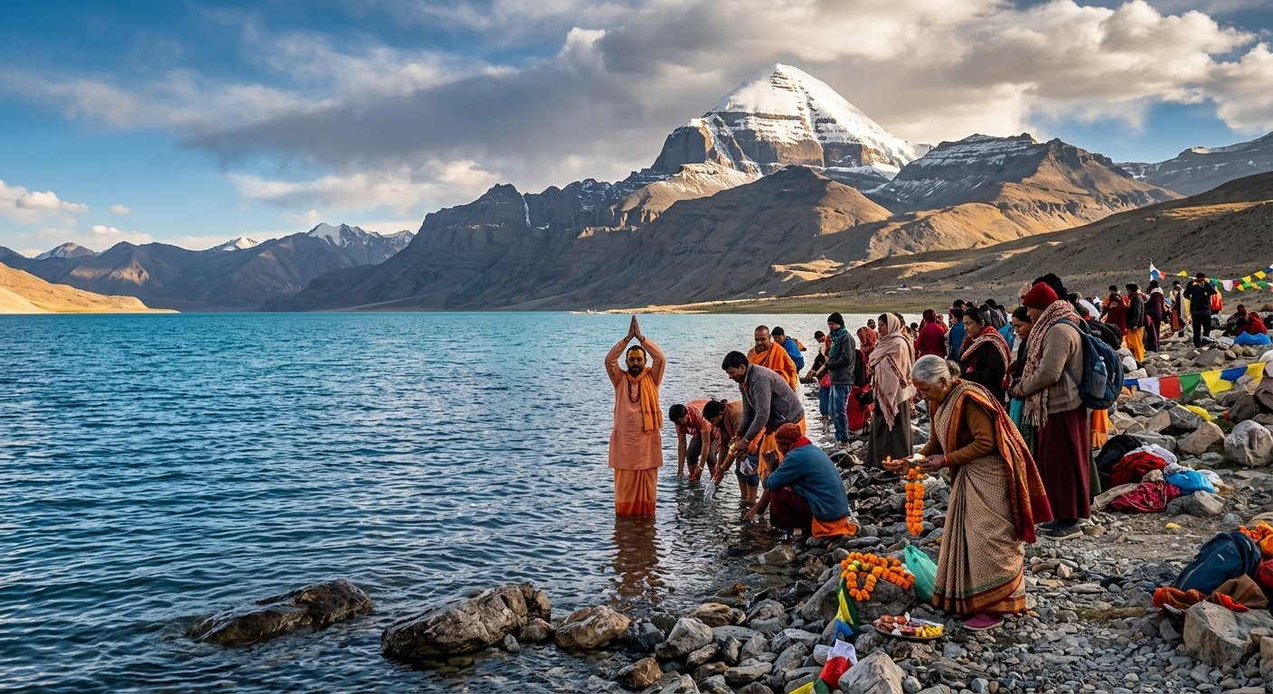 Lake Mansarovar with Mount Kailash visible in background, pilgrims at water's edge, sacred ritual scene, dramatic mounta