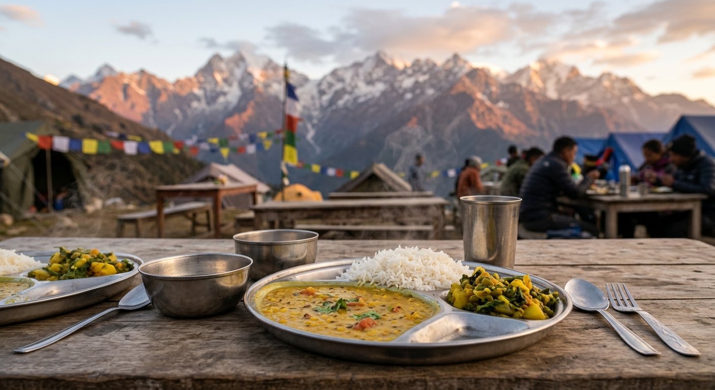Sattvic vegetarian meal served in simple steel plates at base camp, steaming dal and rice, Himalayan mountain backdrop,