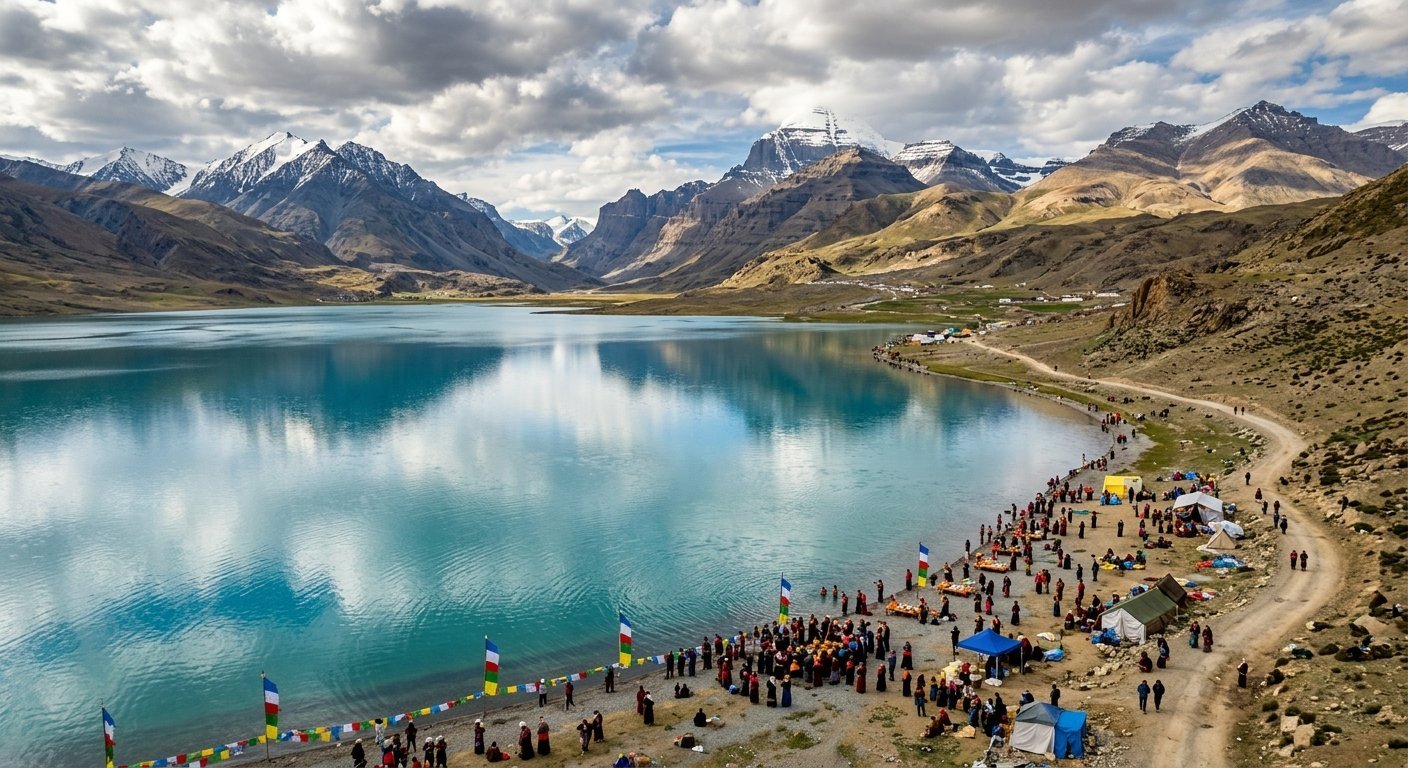 Aerial view of Mansarovar Lake with pilgrims performing rituals on the shore, turquoise water reflecting surrounding pea