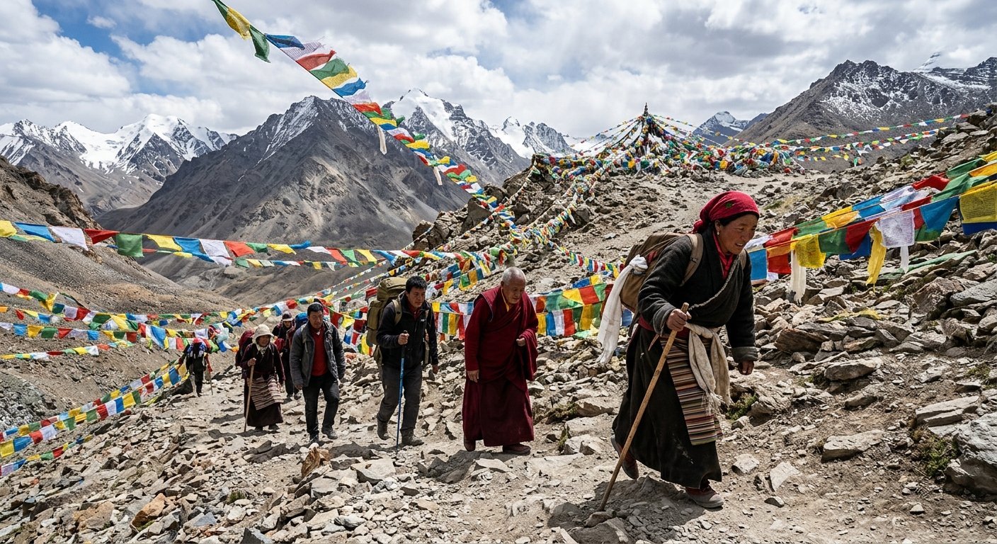 Pilgrims trekking toward Dolma La pass, prayer flags strung across rocky terrain, high-altitude Himalayan environment, d