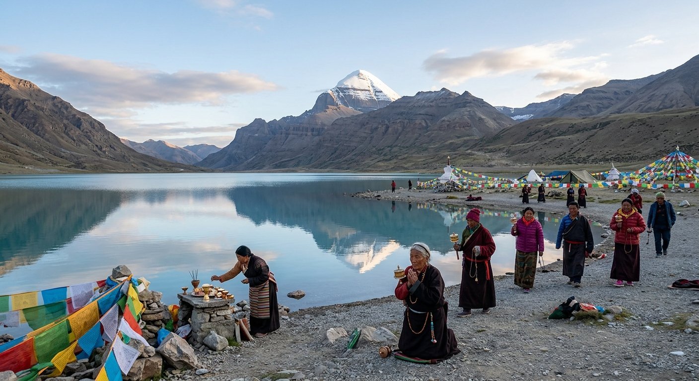 Sacred Lake Mansarovar reflecting Mount Kailash, still turquoise water, pilgrims on shore in prayer, early morning soft