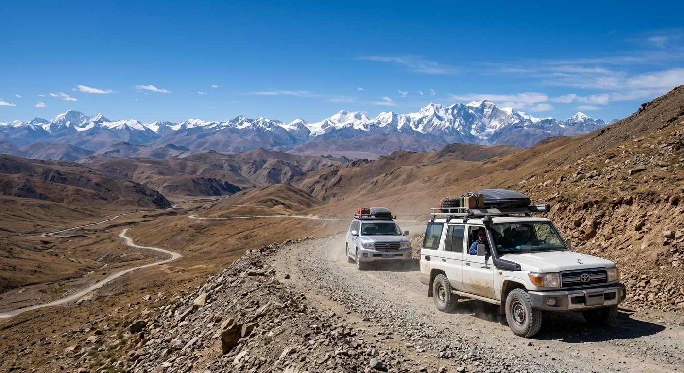 Scenic overland drive across Tibetan plateau, 4WD vehicles on mountain pass, snow peaks distant, vast open landscape, cl