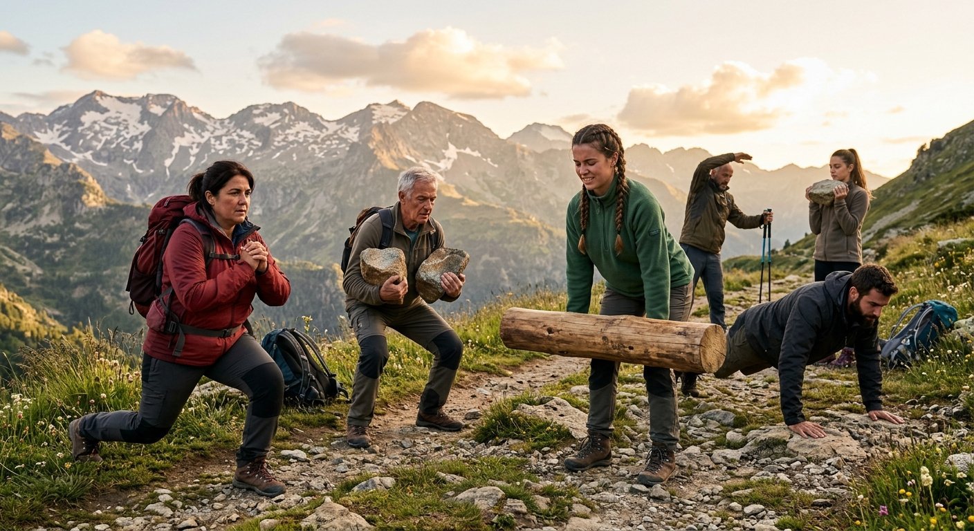 Group of pilgrims doing strength exercises outdoors, varied ages, focused expressions, mountain landscape distant backgr