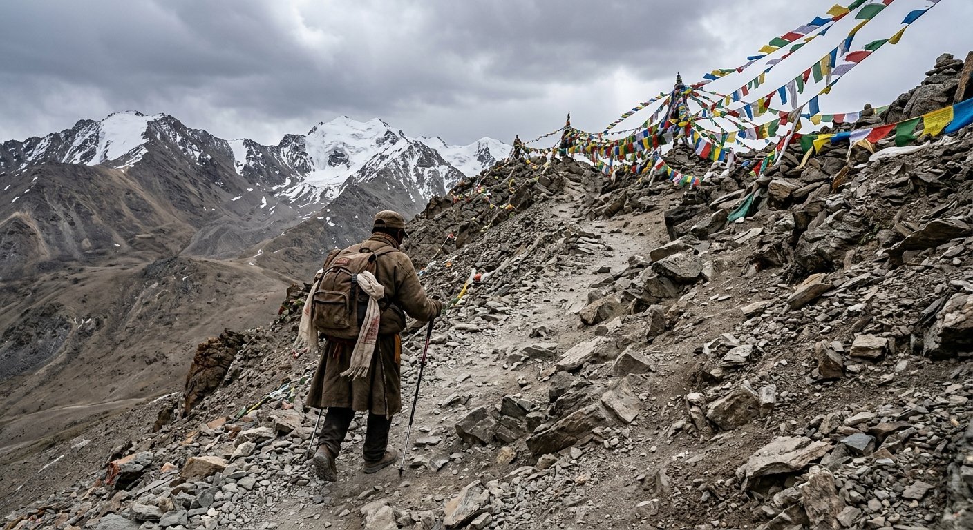 Pilgrim trekking uphill toward Dolma La pass, steep rocky trail, colorful prayer flags, high-altitude barren landscape,