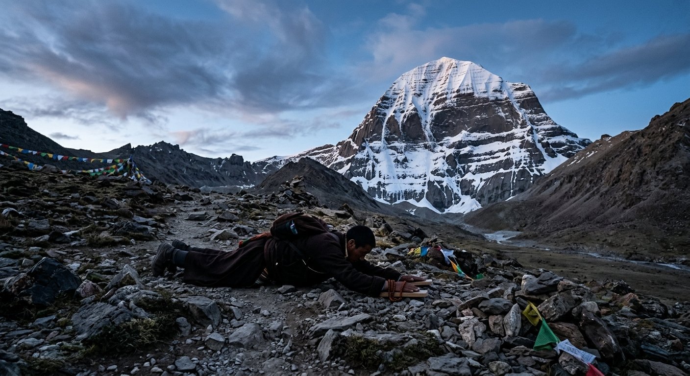 Full prostration pose on rocky Tibetan terrain with Mount Kailash towering in frame, devotee's silhouette against mounta