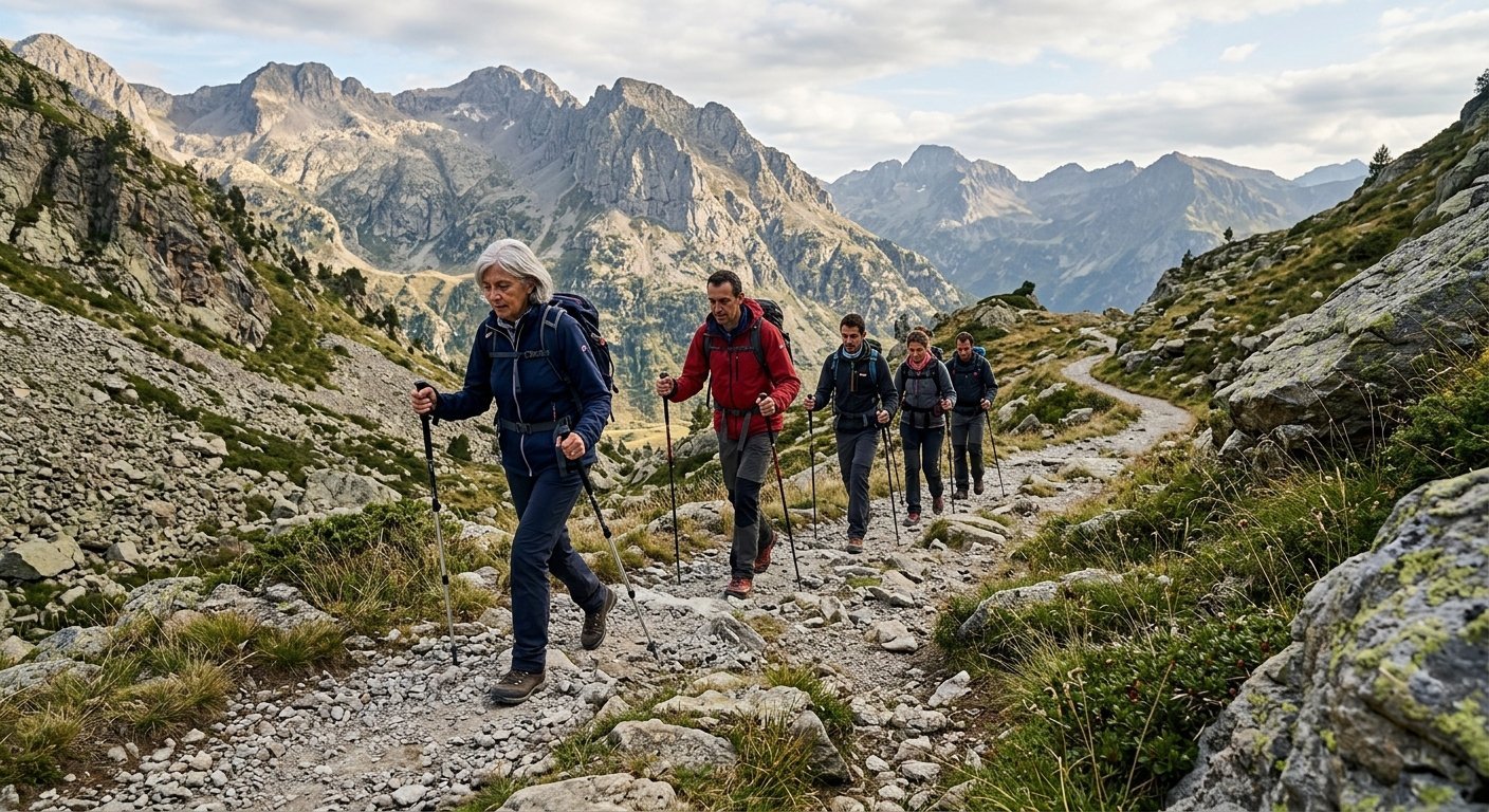 Small group of pilgrims walking rocky trail with trekking poles and