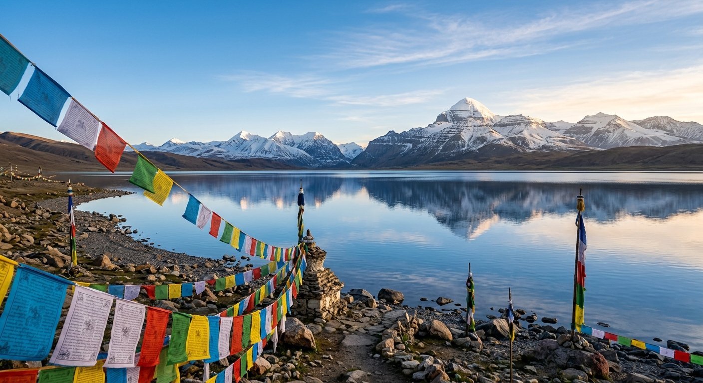 Mansarovar Lake crystal blue water reflecting surrounding Himalayan peaks, prayer flags in foreground, serene morning li