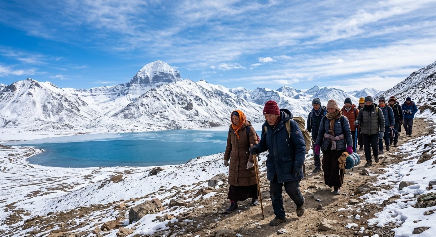 Group of pilgrims in winter clothing walking toward Lake Mansarovar, vast blue sky, dramatic mountain backdrop, sense of