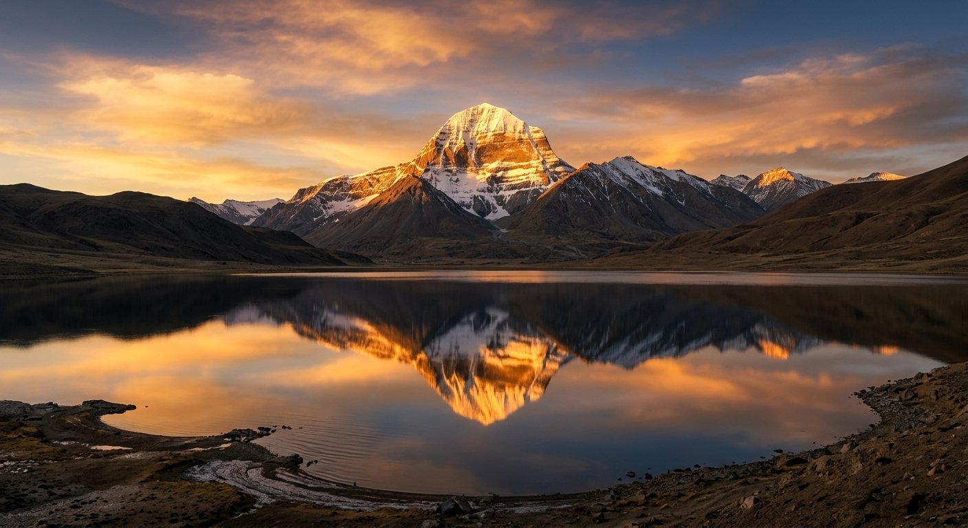 Mount Kailash towering over Lake Mansarovar at sunset, golden light on snow peaks, mirror-like reflection in lake, sense