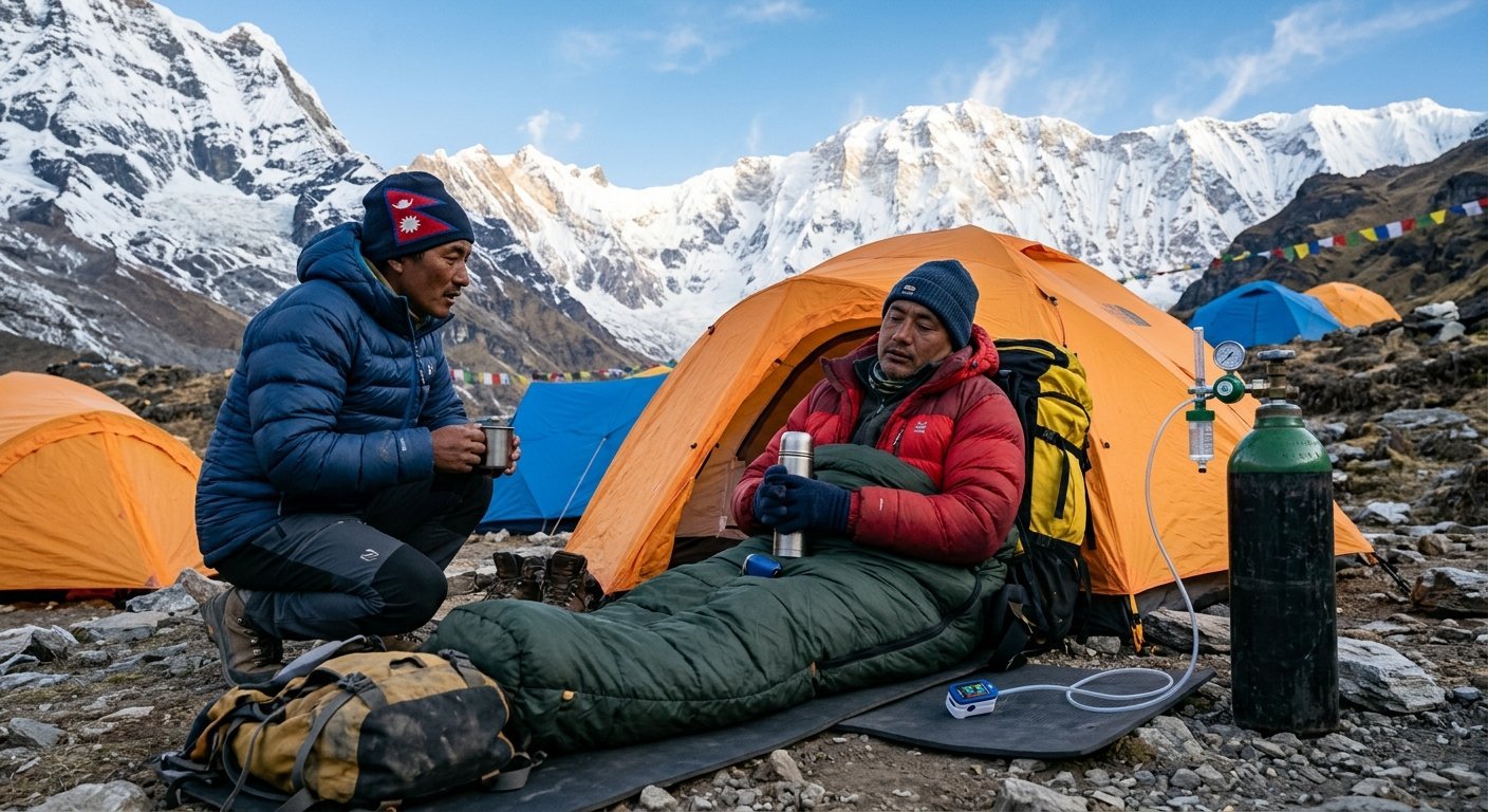 Yatri resting at high altitude camp with oxygen cylinder nearby, wrapped in warm layers, portable pulse oximeter visible
