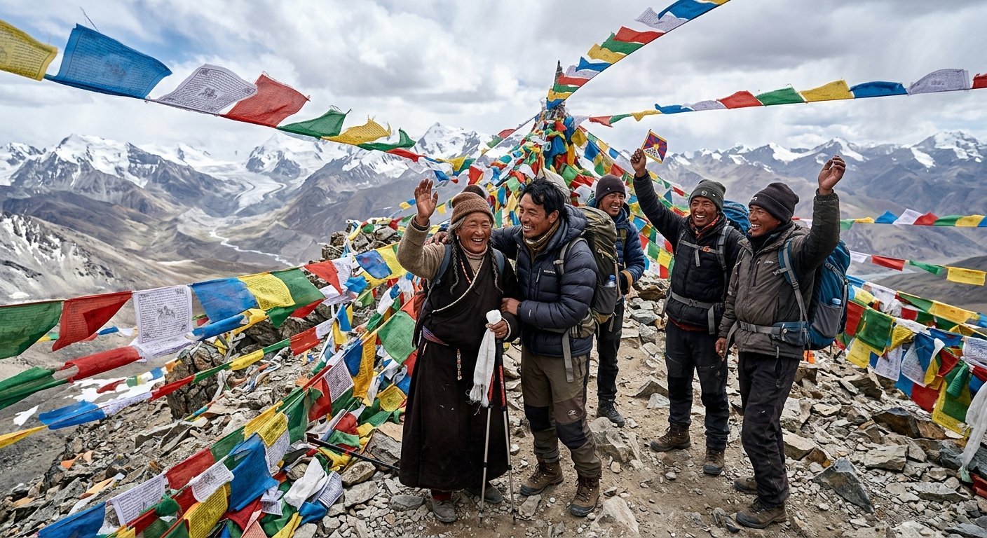Dolma La Pass at 5,630 meters covered in colorful prayer flags, exhausted but joyful pilgrims at summit, thin air visibl