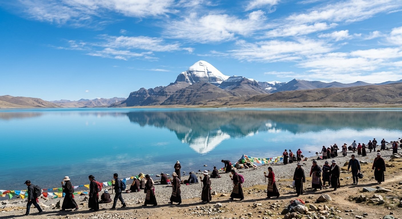 Lake Mansarovar reflecting Mount Kailash, turquoise water, scattered pilgrims at shore, clear weather, peaceful atmosphe