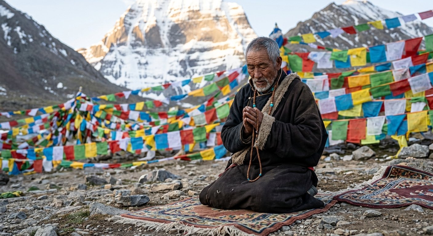 Senior pilgrim kneeling on prayer mat at Kailash base camp, eyes closed in devotion, Tibetan prayer flags in background,