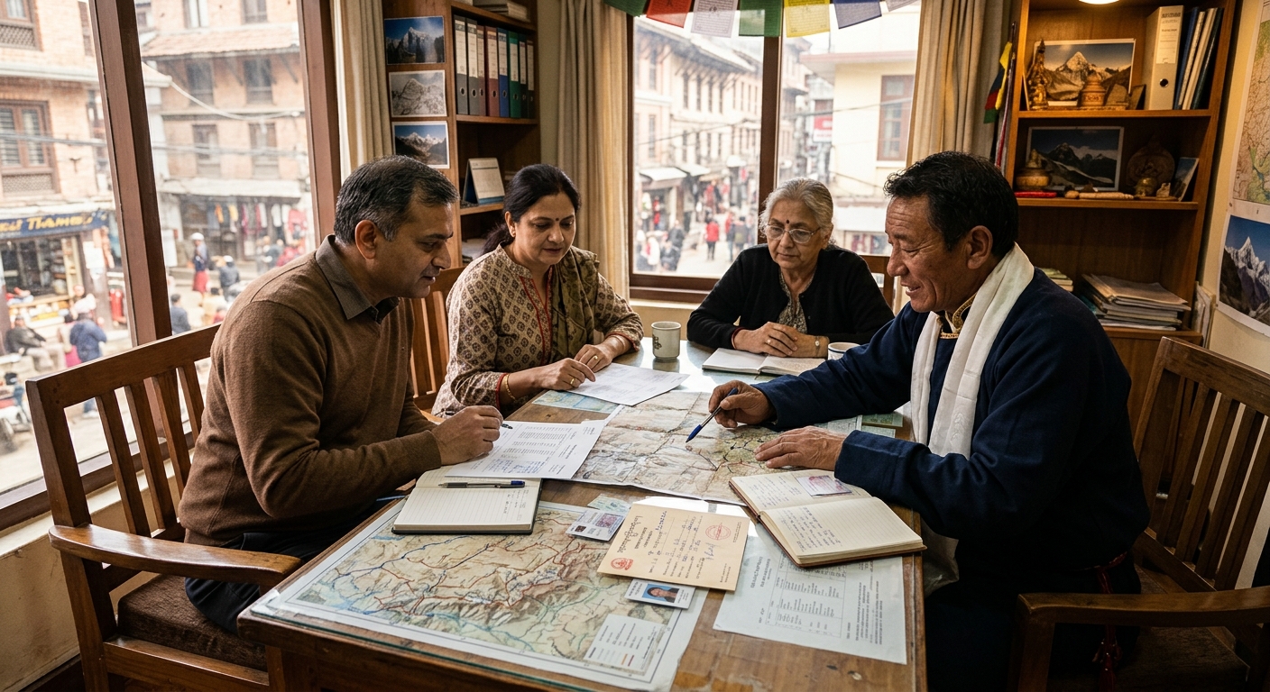 NRI pilgrims reviewing travel documents and permits with Tibetan guide at Kathmandu base office, warm indoor lighting, p