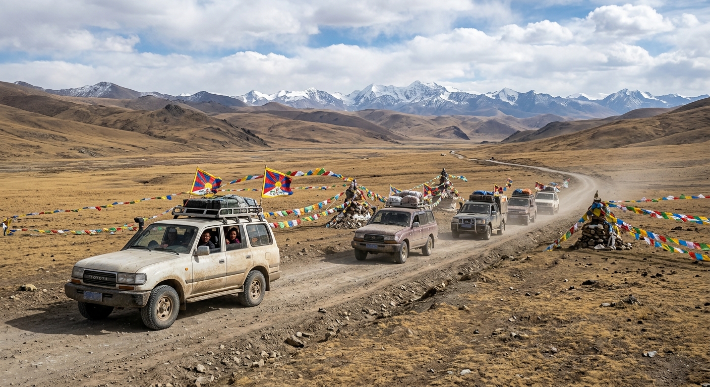 Pilgrims in vehicle convoy crossing high-altitude Tibetan plateau, vast empty landscape, prayer flags, gradual journey a