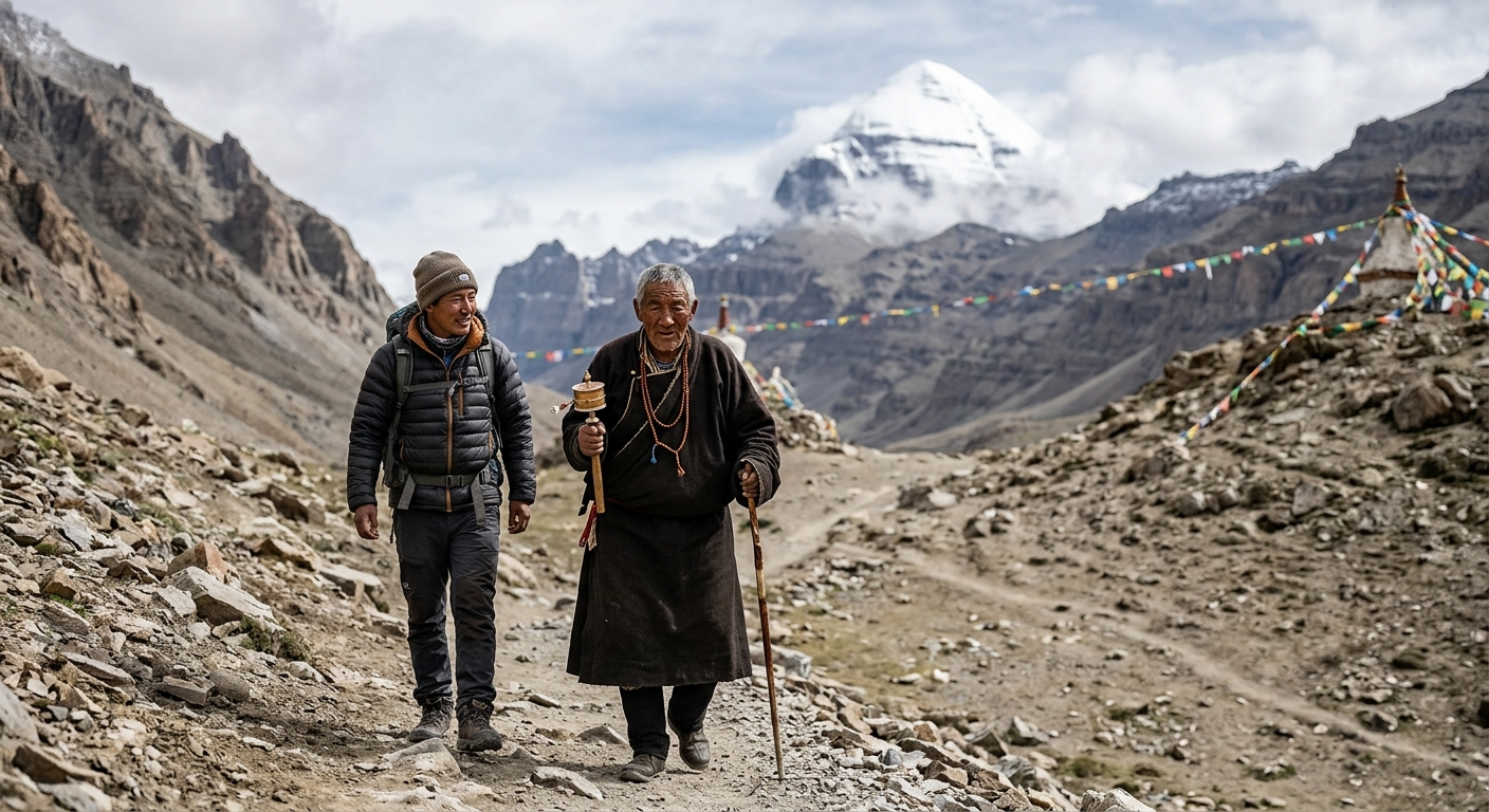 Senior pilgrim in traditional clothing walking parikrama route around Kailash, Sherpa guide nearby, high-altitude terrai