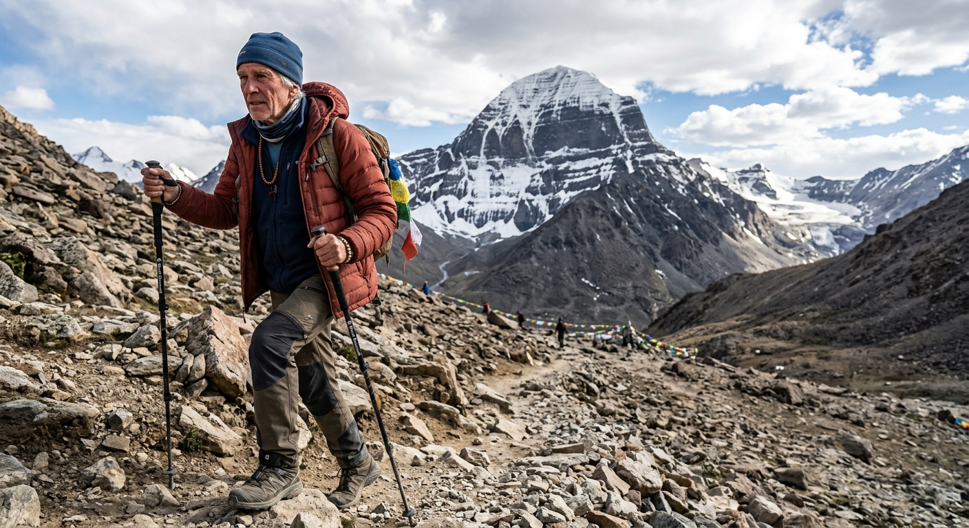 Senior pilgrim walking uphill on rocky Kailash parikrama trail with trekking poles, layered clothing, dramatic mountain
