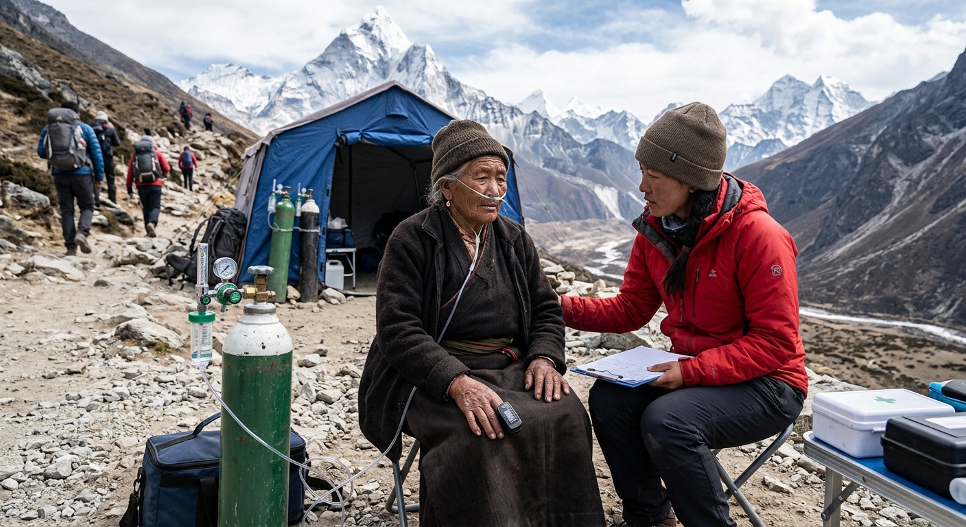 Medical oxygen support equipment and pulse oximeter in high altitude setting, safety equipment for elderly pilgrims, pro