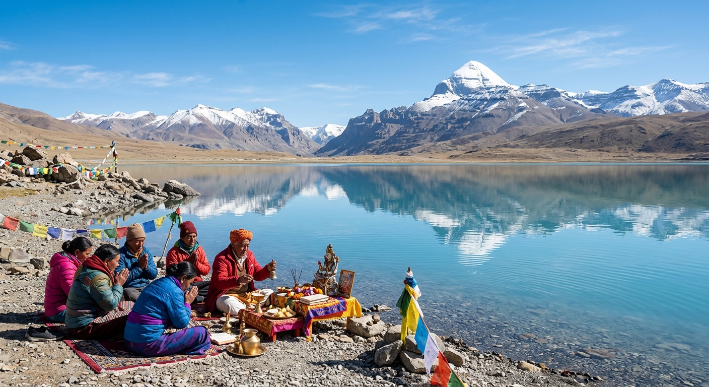 Mansarovar Lake reflecting snow peaks under clear blue sky, small group of pilgrims performing puja at the shore, turquo