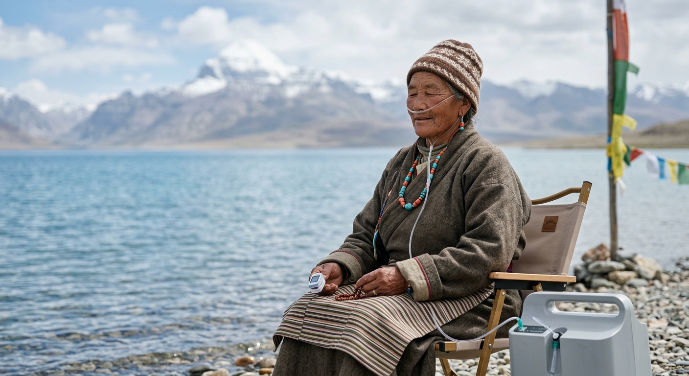 Kailash Mansarovar Helicopter Yatra vs Road Journey, serene expression, medical preparation visible, safe pilgrimage e