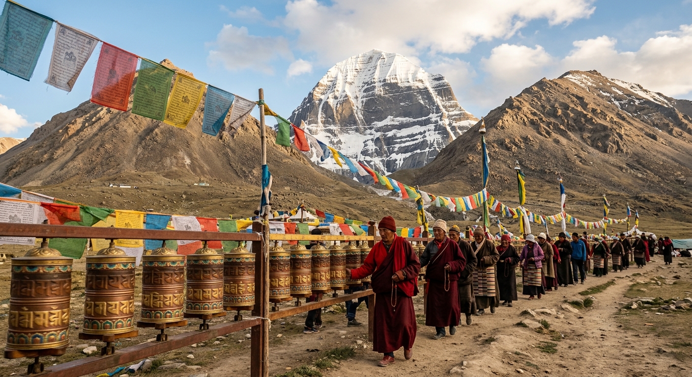 Fire Horse Year, devotees circumambulating in background, sacred mountain visible, warm