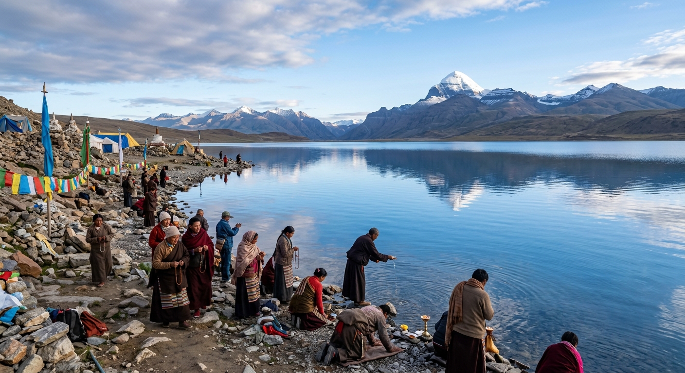 Guide to Kailash Mansarovar Yatra , pilgrims performing ritual at shoreline, sacred peaceful atmosphere,
