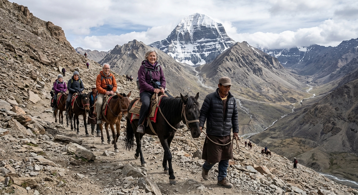 Senior pilgrims on horseback during Kailash parikrama, Sherpa guides accompanying, rocky mountain trail, supportive grou