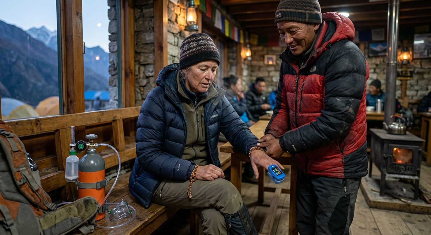 Pilgrim wearing layered trekking gear checking pulse oximeter at high-altitude camp, oxygen cylinder visible nearby, She