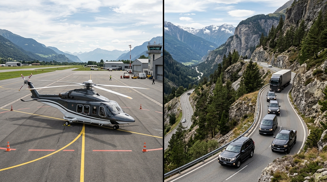 Comparison split image: helicopter on tarmac and road convoy on mountain pass, both routes to same destination