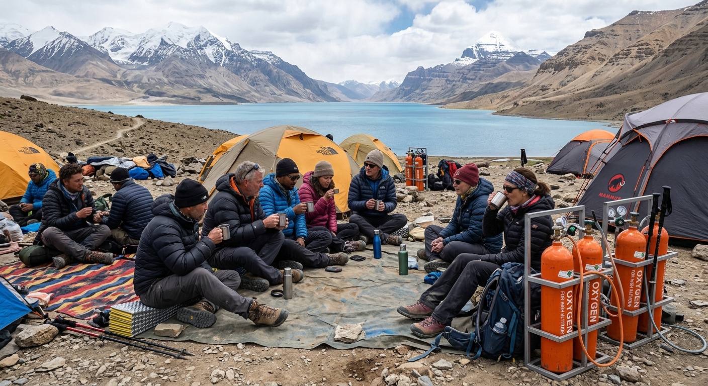 Group of diverse pilgrims resting at high-altitude camp near Mansarovar Lake, oxygen cylinders and support visible, moun