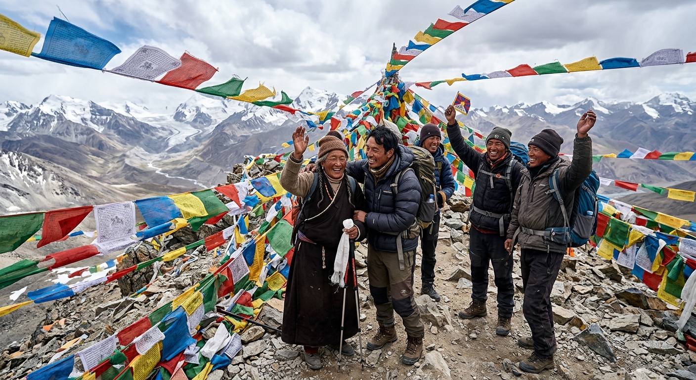 Dolma La Pass at 5,630 meters covered in colorful prayer flags, exhausted but joyful pilgrims at summit, thin air visibl