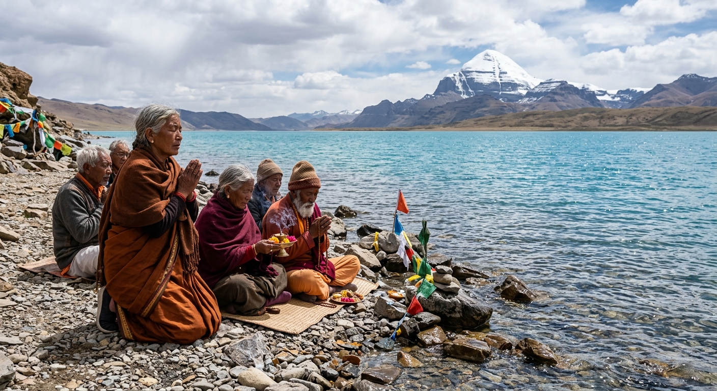 Lake Mansarovar shore with senior devotees in prayer, turquoise sacred waters, Mount Kailash distant view, spiritual dev