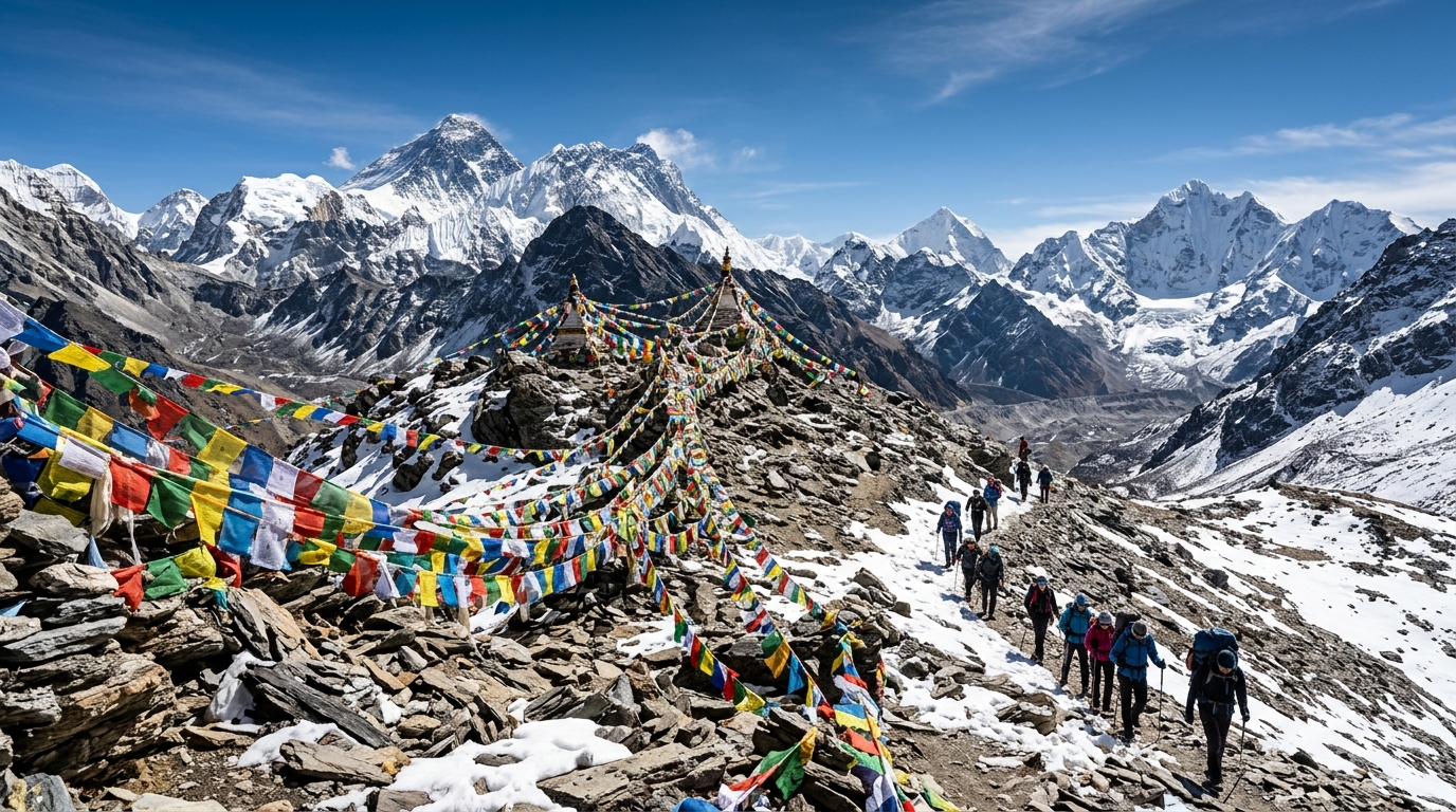 Kailash Mansarovar Yatra Cost for NRIs in 2026, colorful prayer flags strung across rocky terrain, small group of trekk