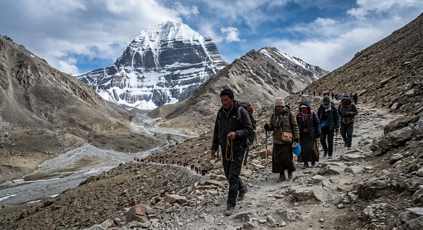 Mount Kailash parikrama route view, pilgrims walking at high altitude, challenging terrain, devotional journey in progre