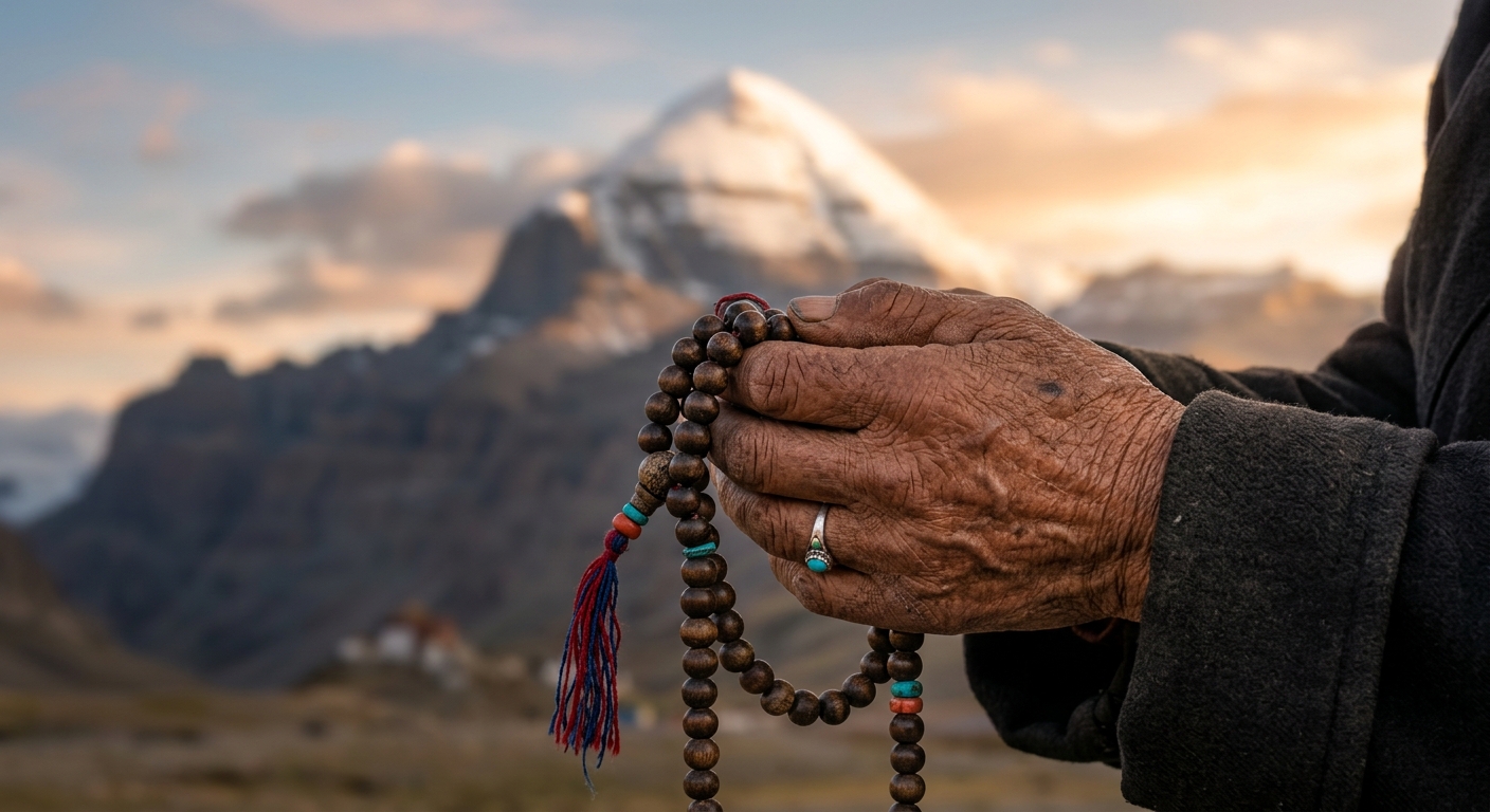 Close-up of weathered hands holding prayer beads with Mount Kailash blurred in background, devotional focus, emotional d