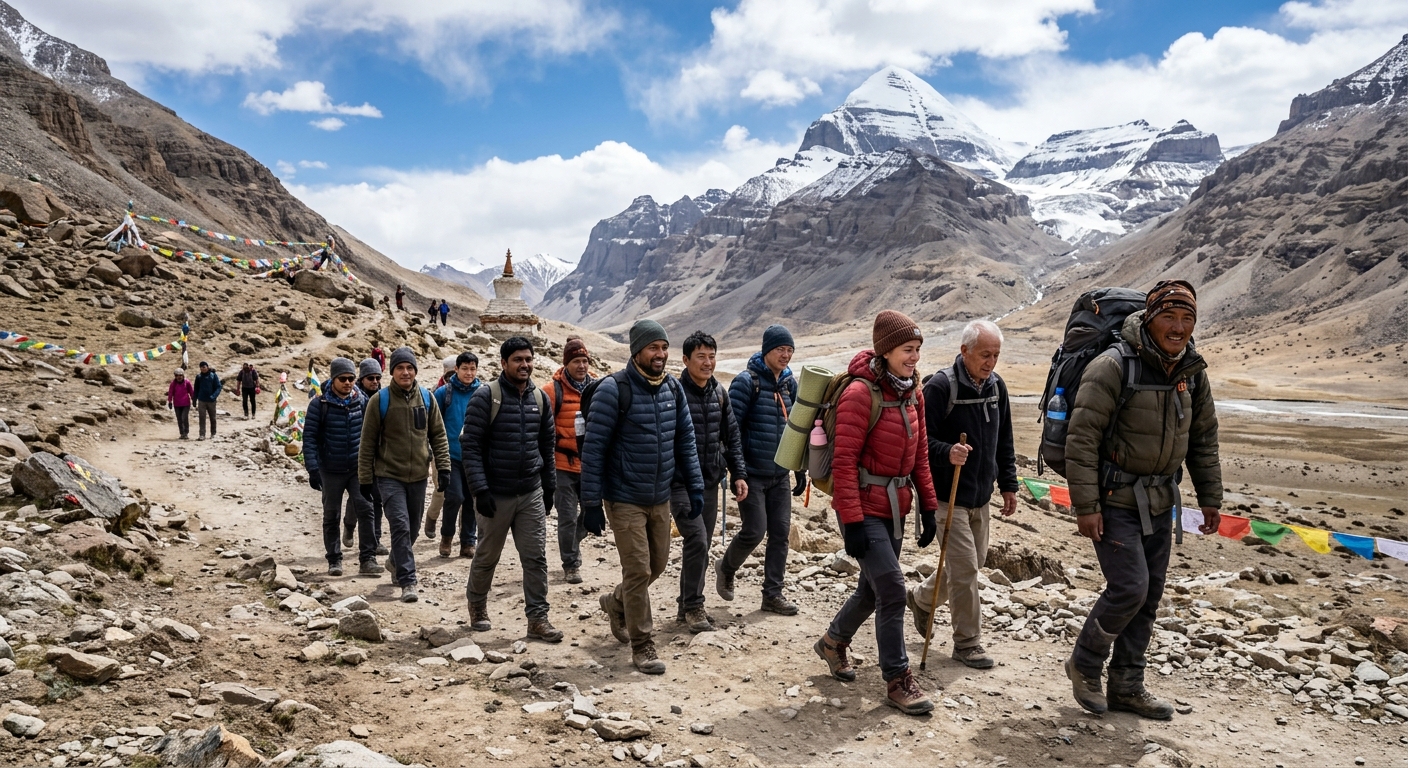 Group of diverse pilgrims with Sherpa support team, warm clothing and daypacks, walking together on parikrama trail, cam