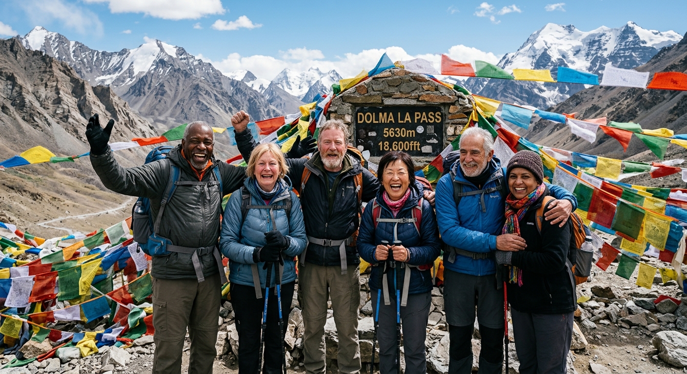 Group of diverse senior citizens at Dolma La pass prayer flags, 18600 feet elevation marker, achievement and spiritual j